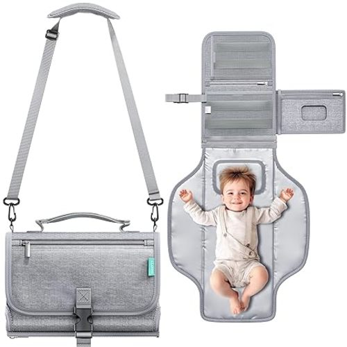 Portable Diaper Changing Pad with Shoulder Strap, Detachable Travel Changing Pad with Baby Wipes Pocket, Gifts for Baby Shower, Newborn Girls and Boys (Austere Grey)