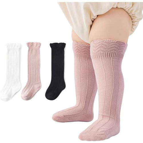 Zando Baby Girls Knee High Socks 3-Pack, Soft Cotton Long Tube Ruffle Socks for Preemie Infant Newborn Toddler 0-3T