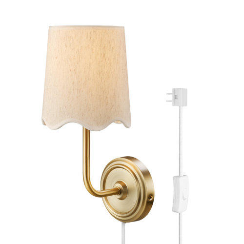 Red Barrel Studio® 1-Light Matte Brass Hardwire or Plug-In Wall Sconce with White Fabric Shade & Reviews | Wayfair