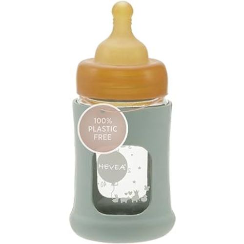 HEVEA Plastic-Free Wide Neck Glass Baby Bottle with Seafoam Blue Sleeve - Slow Flow Anti Colic Baby Bottles Newborn 0+ Months - BPA-Free, Single-Pack (5 Oz)