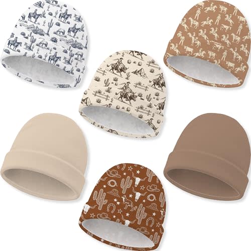 6 Pack Newborn Baby Hats Soft Cotton Infant Beanie Caps for Ages 0-6 Months | Printed and Solid Styles 5.9 x 5.5 Inch Hospital Bag Essentials for Boys Girls Baby Shower Registry Gift Coming Home Outfit