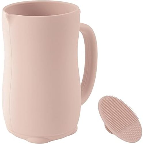 mandoo Baby Bath Rinse Cup - Food Grade Silicone - Shampoo & Body Washing Rinser Cup for Kids with Easy Grip Handle to Rinse Baby Shampoo and Soap - Baby Essentials (Beige+Brush)