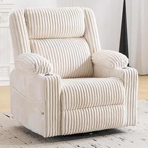 Power Recliner Chair with Massage and Heat, Oversized Swivel Rocker Recliner for Adults with Adjustable Headrest, Nursery Glider with Arm Storage and Cup Holder, Beige