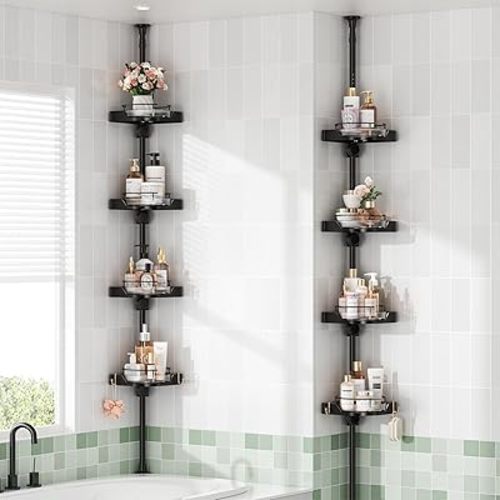 shuang qing 360° Rotating Corner Shower Caddy Tension Pole Organizer - 4-Tier Adjustable Rustproof Metal Pole, Plastic Shelves with Safety Guardrail, Bathroom Storage for Shower & Bathtub(Black)