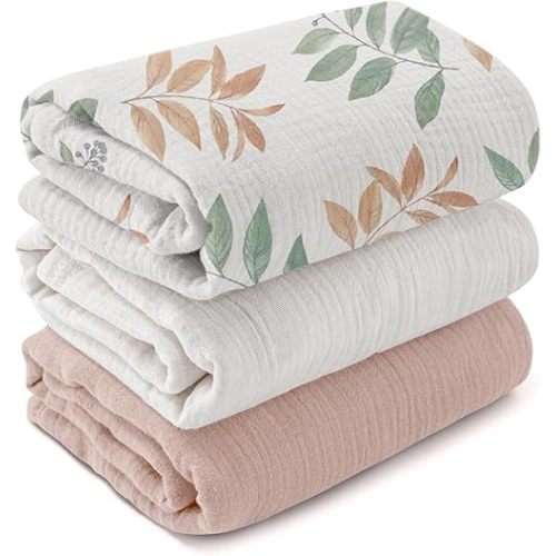 Muslin Swaddle Blankets for Newborn, 3 Pack Breathable Soft Receiving Blanket, Large 38 x 40 inches Swaddle Wrap Burping Clothes Diapers, Essentials Infant Shower Items, Toddler Gift (Gentle Colors)