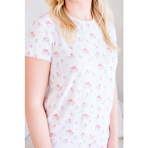 Women's Two-Piece Pointelle Flare Lounge Set in Rose Garden White | Caden Lane