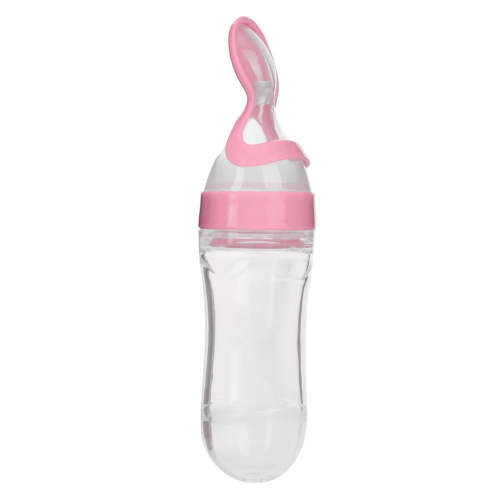 BOKYAN 90ml Silicone Baby Feeding Bottle with Squeeze Spoon, BPAFree, Odorless, 100C HeatResistant, Easy Clean, Pink