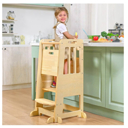 WINGYZ Toddler Tower – Adjustable Step Stool Helper for Kids 18M–6Y, Kitchen Learning Stool with Safety Rail, 3-Height Adjustable, Sliding Door, Full Support Foot, Wooden Updated Design, Natural Wood