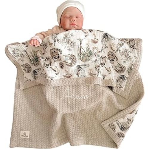 Mouliss Personalized Baby Blanket with Name – Handmade 100% Organic Cotton Newborn Gift | Custom Knit Blanket for Boys, Girls, Kids & Baby Showers (Stone Beige/Critter Crew)