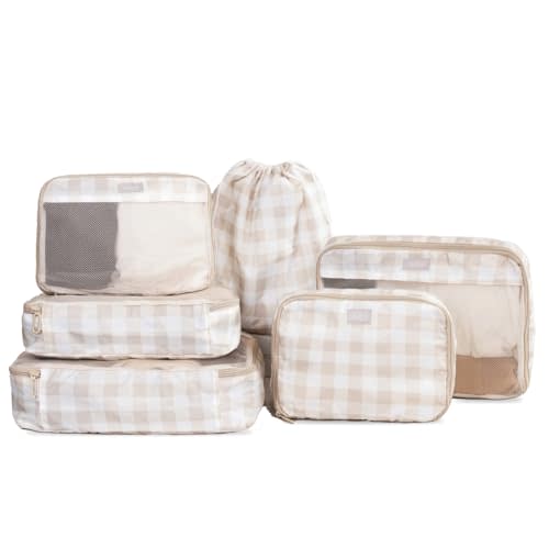 Jadyn Packing Cubes for Travel, 6-Piece Large Packing Cube Organizer Set for Suitcase, Duffel Bag, Luggage, Multiple Sizes Travel Essentials (Beige Gingham)