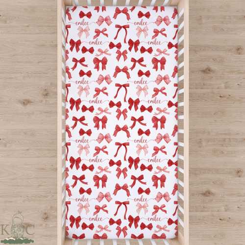 Personalized Crib Sheet with Red Bows, Coquette Nursery Bedding, Bedside Bassinet Custom Name Baby Shower Gift | A005