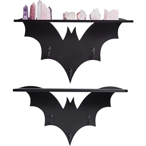 Spooky Bat Floating Shelf - Gothic Wall Coffin Shelf for Bedroom - Halloween Batman Wall Decor for Oddities and Curiosities - Black Crystal Shelves with 3 Key Hooks - Witchy Gifts for Women