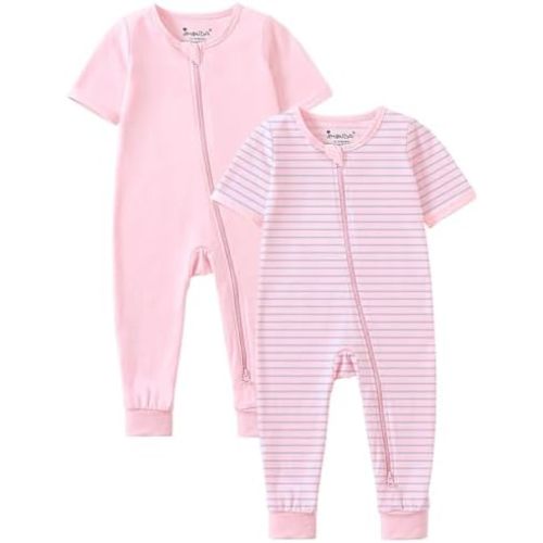 Jimonda Baby Romper 2 Pack Short Sleeve Pajamas Footless Sleepers Baby Boys Girls 2 Way Zipper Pjs Sleep and Play Clothes