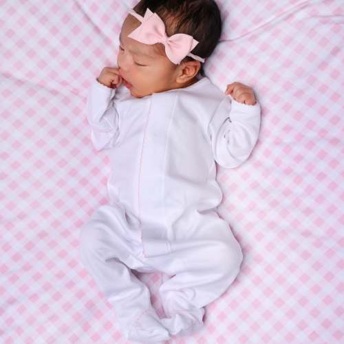 Baby Girl White Pima Cotton Footie with Pink Trim - Magnolia Baby
