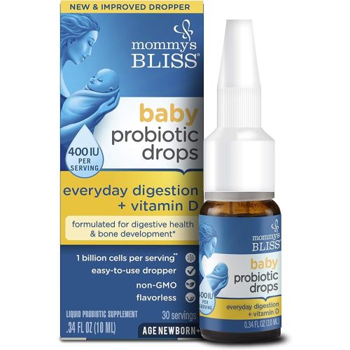 Mommy's Bliss Baby Probiotic Drops + Vitamin D, Supports Digestive Health and Immunity, 400IU Vitamin D for Healthy Bone Development, Newborns +, Flavorless, 0.34 Fl Oz (30 Servings)