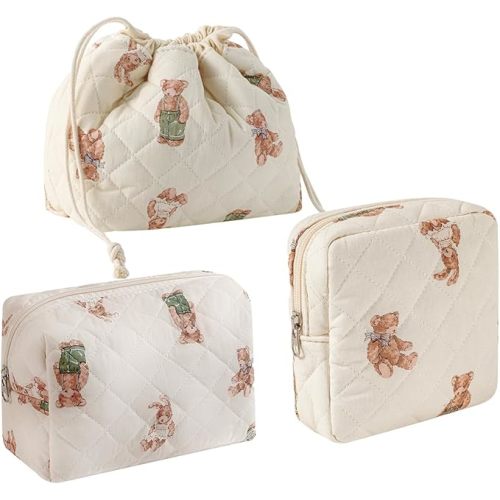 uekeboag 2 pcs Large Floral Quilted Makeup Bag Set for Women, Cotton Quilted Big Cosmetic Bag, Coquette Aesthetic Cute Travel Toiletry Bag