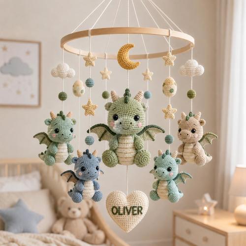 Personalized Crochet Dragon Baby Mobile with Custom Name Heart, Moon and Stars Nursery Decor, Fantasy Baby Shower Gift