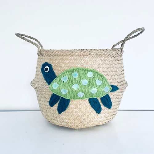Green Sea Turtle Seagrass Belly Basket | Ocean Nursery Storage | Under-the-Sea Kids Décor | Bellybambino