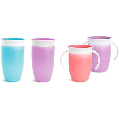 Munchkin® Miracle® 360 Toddler Sippy Cup, Spill Proof, 10 Ounce, 2 Pack, Blue/Purple & ® Miracle® 360 Trainer Sippy Cup with Handles, Spill Proof, 7 Ounce, 2 Pack, Pink/Purple