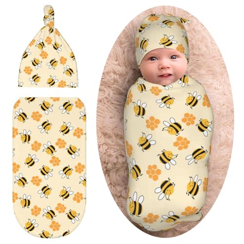 Cute bee Newborn Swaddle Blanket Baby Stuff Baby Swaddling Blanket with Beanie Set Soft Sleeping Sack for Unisex Girls Boys