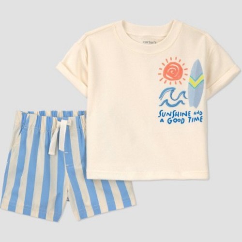 Carter's Just One You® Baby Boys' 2pc Striped Surfboard T-Shirt and Shorts Set - Ivory/Blue 3M