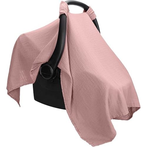 Comfy Cubs Baby Car Seat Cover - Soft, Breathable Bamboo Rayon and Muslin Cotton Blend - Lightweight Canopy for Sun, Bug, and Comfort Protection - Large Size Infant Seat Cover in Mauve Design