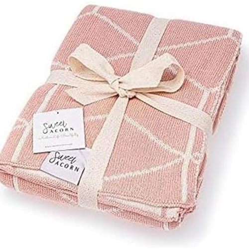 Knit Baby Blanket in Geometric Pattern, Organic Cotton Blankets for Crib or Stroller, Receiving Blankets - Dahlia Pink