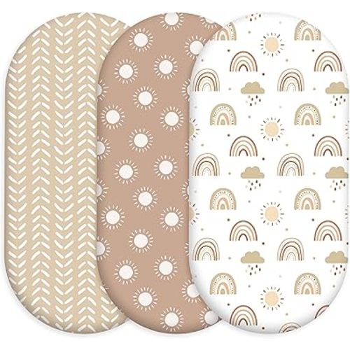 Baby Bassinet Sheets Girl Unisex - 3 Pack Safe Cradle Sheets Universal for Hourglass, Oval Rectangle Bassinet Mattresses (32" x 16") Cloud Rainbow