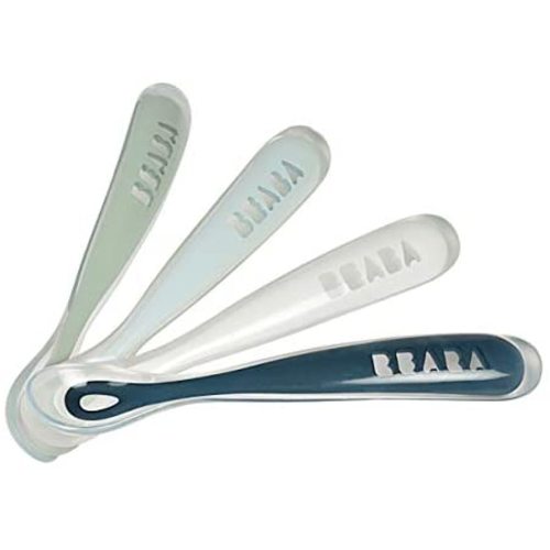 BEABA Baby's First Foods Spoon Set, Original Soft Silicone Spoons Baby Spoons Training Spoon 4 Pack Gift Set, BPA Lead & Phthalate Free, Rain