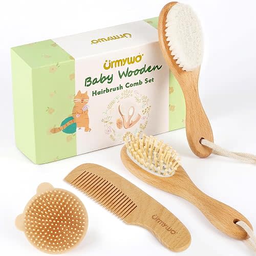 Baby Brush and Comb Set - 4 Piece Wooden Soft Bristle Hairbrush for Newborns, Baby Brush for Cradle Cap - Essentials Care Kit - Baby Shower Gift for Boys & Girls