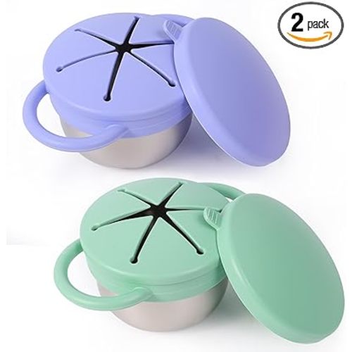 2 Pack Stainless Steel Spill Proof Snack Cup for Baby Toddlers Kids, with Silicone Food Catcher, Travel Lid, Spill-Proof Bowl Containers, Toddlers Essentials, Non Toxic BPA Free