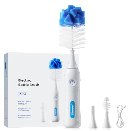Klarpul Electric Bottle Brush Cleaner, IPX7 Waterproof Baby Bottle Brush with Replaceable Nipple Cleaning Kit & Extender Rod, 2 Speed Modes, 360° Auto Cleaning, 2000mAh Battery, Rechargeable, Blue