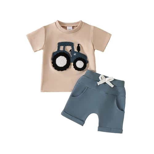 Koecnoc Toddler Baby Boy Summer Clothes Embroidered Farm Tractor Shirt and Short Set 2-Piece Outfits for Boys
