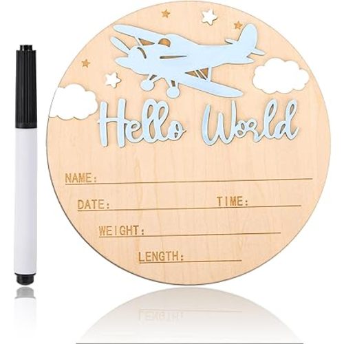 Hello World Newborn Sign with Pen, 5.9in Round Newborn Welcome Birth Name Sign Airplane and Cloud Decoration Baby Boy Girl Announcement Board for Hospital Nursery Home Decor Photo Props
