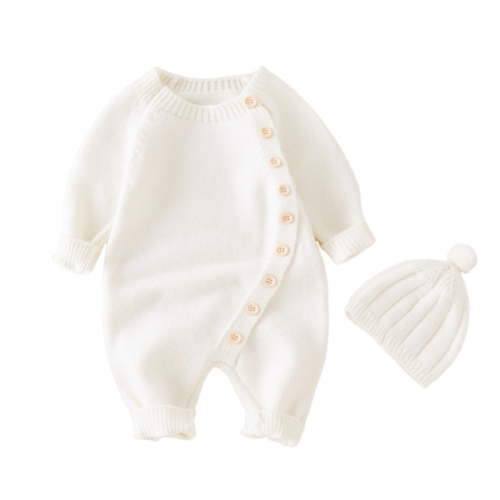 AherBiu Newborn Baby Clothes Unisex Boys Girls Sweater Onesie Button Open Rompers Jumpsuit with 1 Hat