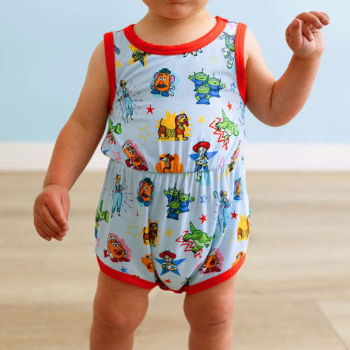 Character Blue Daywear Disney Toy Story Time Varsity Romper | Posh Peanut®