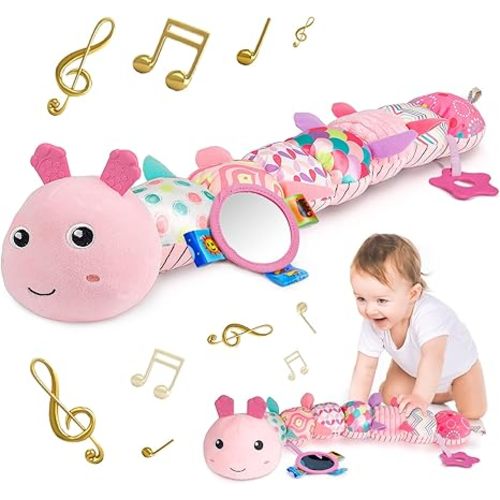 Sumobaby Infant Baby Musical Stuffed Animal Activity Soft Toys with Multi-Sensory Crinkle, Rattle and Textures, for Tummy Time 0-3-6-12 Months Girls, Caterpillar, Pink with Mirrow