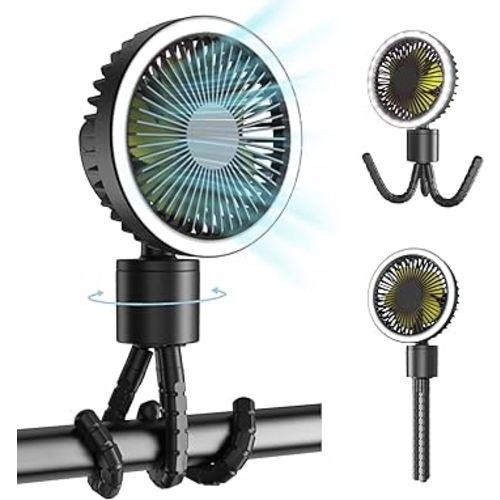 Baby Portable Stroller Fan,Auto Oscillating Fan,3 LED Modes,USB Rechargeable,Silent 360° Rotate,Tripod Clip-on Fan with 3 Speeds,10 Hours of Use,Handheld Cooling Fan for Car Seat Travel Tent