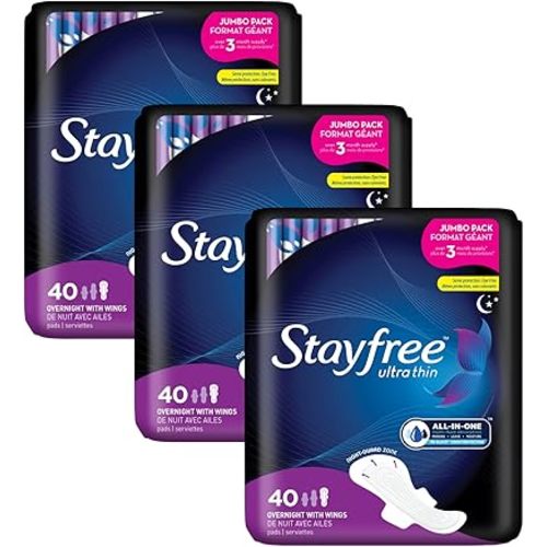 Stayfree Ultra Thin Overnight Pads with Wings, For Women, Reliable Protection and Absorbency of Feminine Moisture, Leaks and Periods, 40 count - Pack of 3
