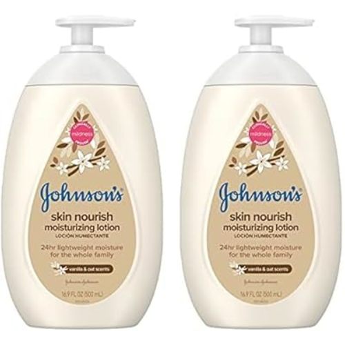Johnson's Baby Skin Nourish Moisturizing Baby Lotion for Dry Skin with Vanilla & Oat Scents, Gentle & Lightweight Body Lotion for The Whole Family, Hypoallergenic, Dye-Free, 16.9 fl. oz (Pack of 2)