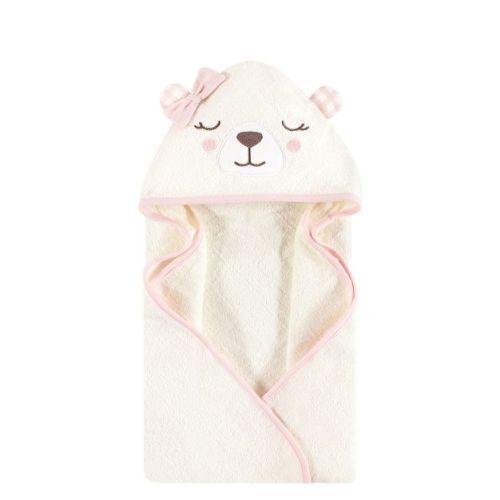 Hudson Baby Infant Baby Cotton Poly Animal Face Hooded Towel, Gingham Bear Girls, One Size
