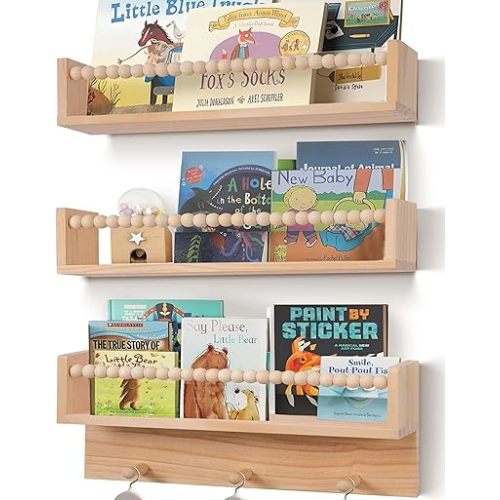 Nursery Book Shelves with Beads Set of 3,Nursery Shelves for Bookshelf Wall,Wall Bookshelves for Kids，Bathroom Decor, Kitchen Spice Rack (Natural)