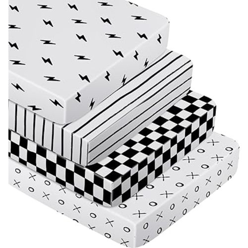 Moukeren 4 Pcs Black and White Crib Sheets for Baby Microfiber Baby Bassinet Soft Sheets Crib 28 x 52 x 8 in for Standard Cribs Nursery Bedding