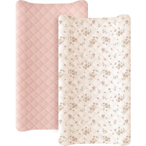 Konssy Waterproof Muslin Changing Pad Cover 2 Pack, Quilted Cotton Fitted Diaper Chang Table Cover, Soft Changing Pad Sheets for Girls Boys (Blossom,Pink)