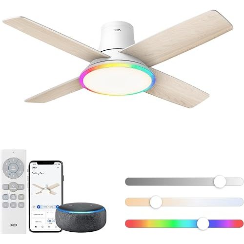 DREO Ceiling Fans with Lights, 44'', RGBIC Flush Mount Smart Ceiling Fan