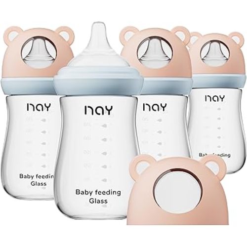 Natural Glass Baby Bottle for Breastfeeding Babies, 8oz Anti-Colic Baby Bottle with Natural Response Nipple(M), Clear, Wide Neck, 4 Pack, 3 Months+