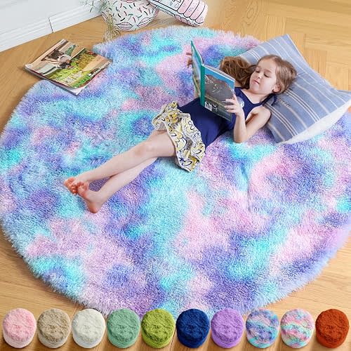 Amdrebio Purple Rainbow Mermaid Shag Round Rug 4Ft for Girls Kids Bedroom