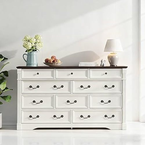 Yaamizz 60" Wide 10 Drawer Dresser Storage for Bedroom, Farmhouse Dresser with Wood Pilasters & Metal Handles, Drawer Organizer for Bedroom, Vintage Design, Hallway, White
