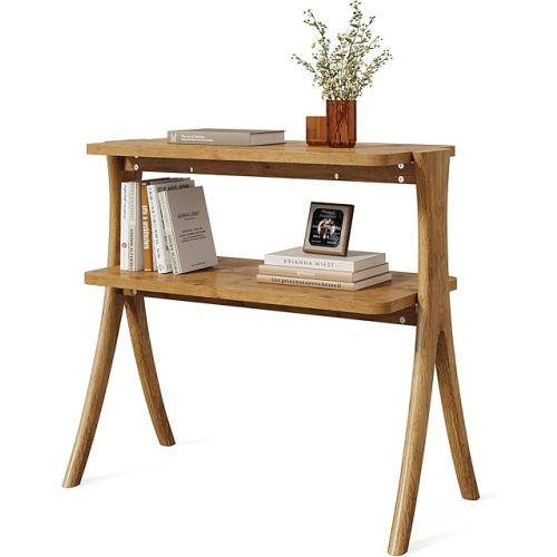 LITTLE TREE Narrow Side Table, 2-Tier Farmhouse End Table with Solid Wood Legs, Small Side Table, Space-Saver for Living Room, Bedroom, Entryway (Light Walnut)
