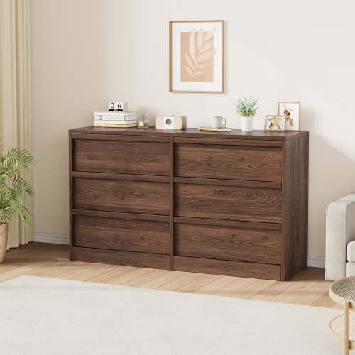 Modern Wide 6 Drawer Dresser for Bedroom - Walnut Wooden Chest - Large Storage Organizer for Living Room, Entryway, Nursery - Classic Walnut Finish